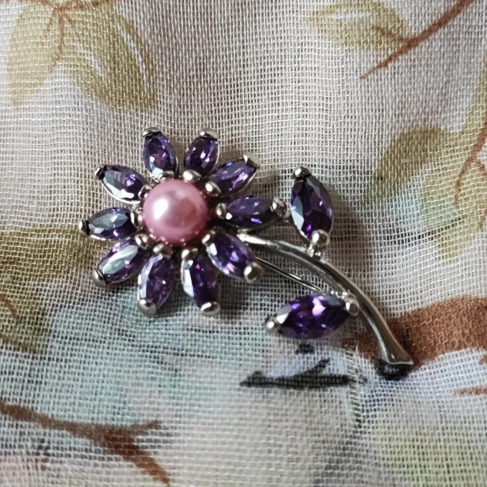 Amethyst Cubic Zirconia Purple Faux Pink Pearl Pin Brooch NEW